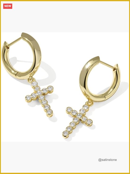 Gold Huggies, Tiny Cross Huggie Earrings Cross Crystal Huggie Earrings Gold Plated Brass Cubic Zirconia Hoop Earrings